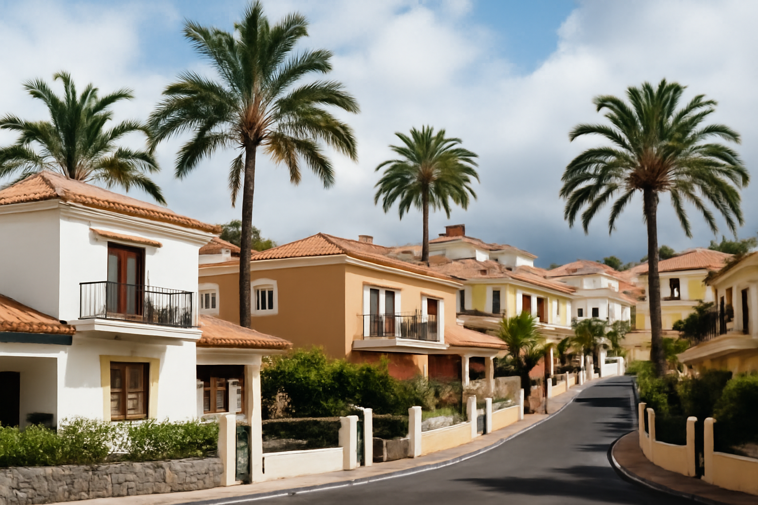 Typische Wohngegend in Teneriffa mit Häusern und Palmen.