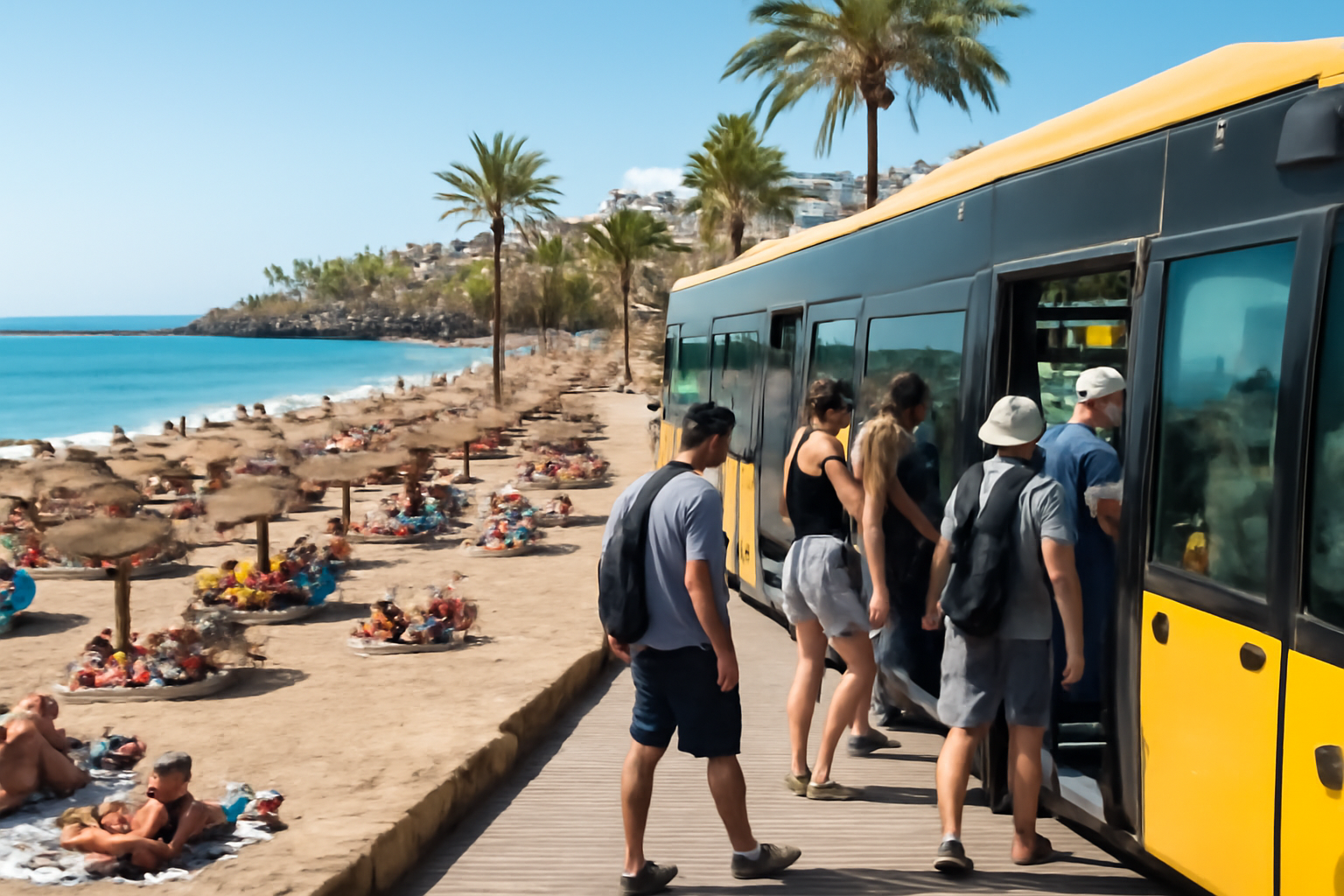Strand von Teneriffa mit Menschen und öffentlichen Verkehrsmitteln.
