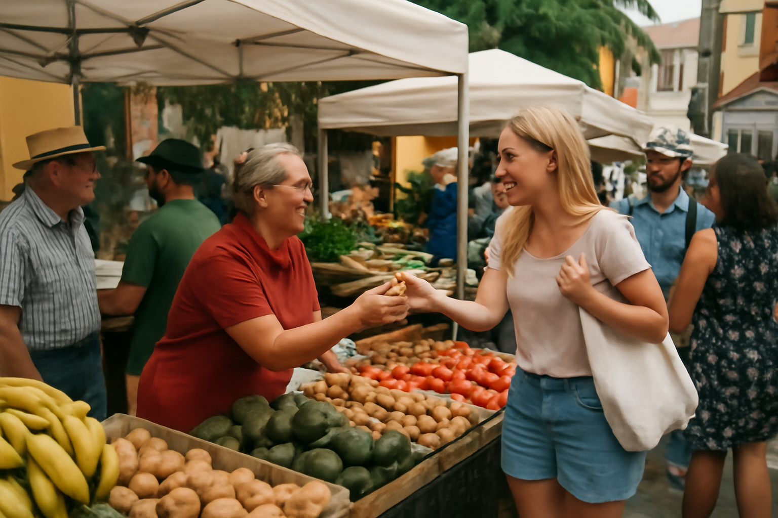 Menschen auf einem Markt in Teneriffa, die lokale Kontakte knüpfen.