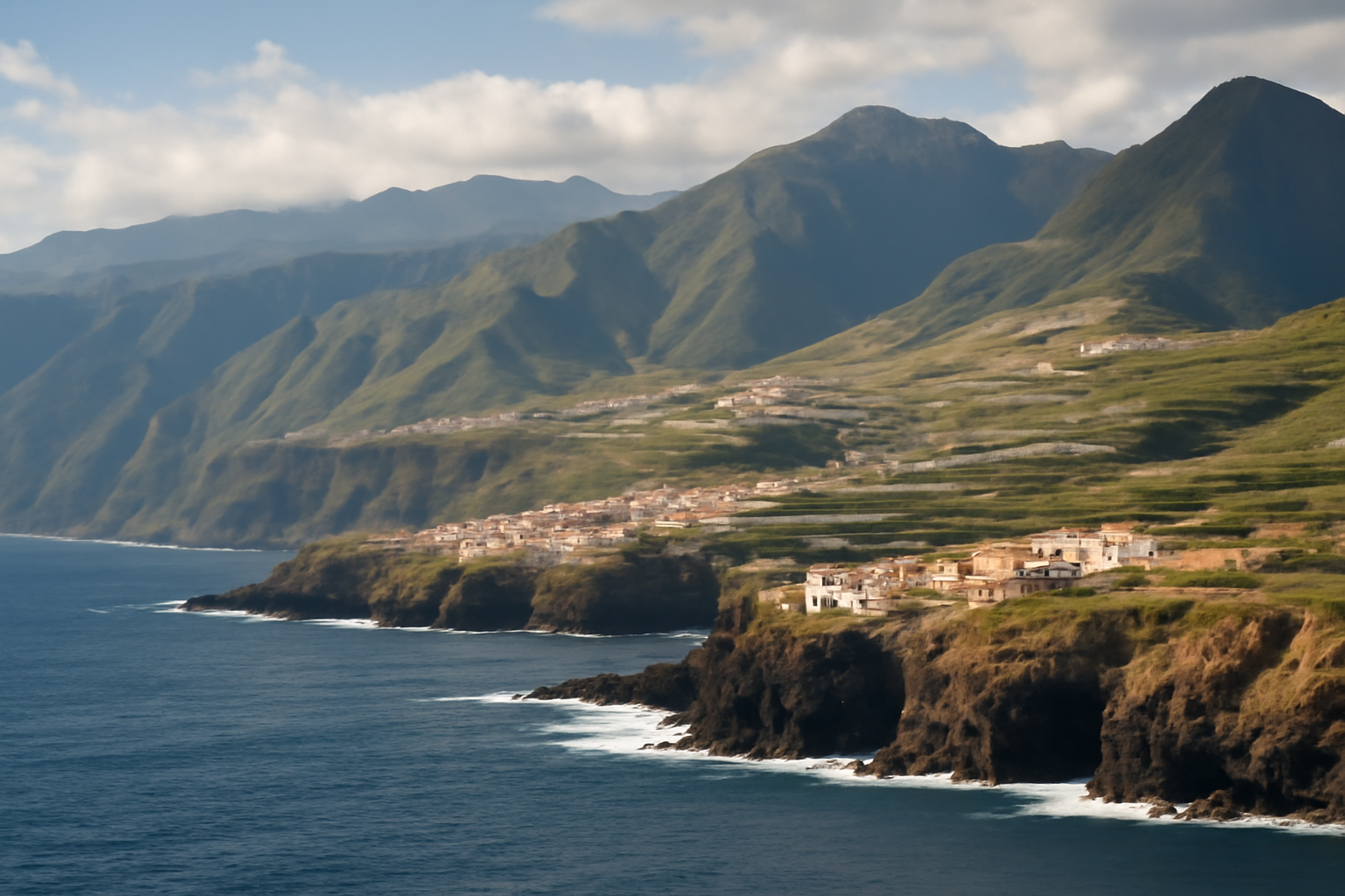 Panoramaaufnahme der Küste von Teneriffa mit Bergen.