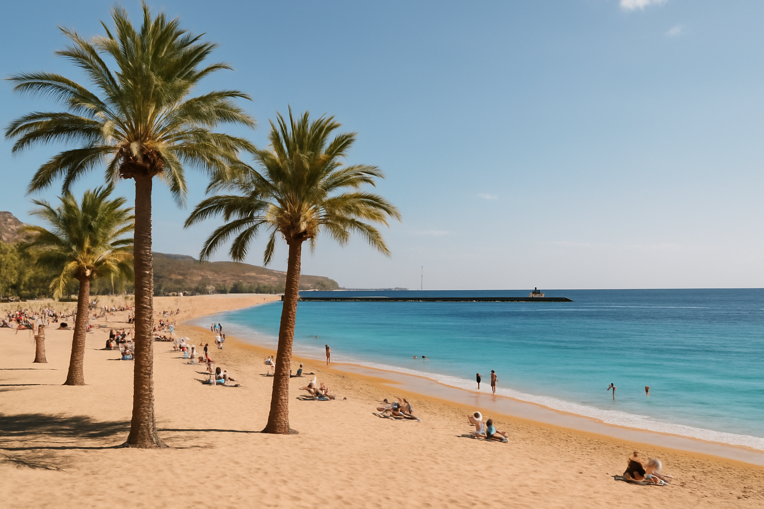 Sonniger Strand auf Teneriffa mit Palmen und klarem Wasser.