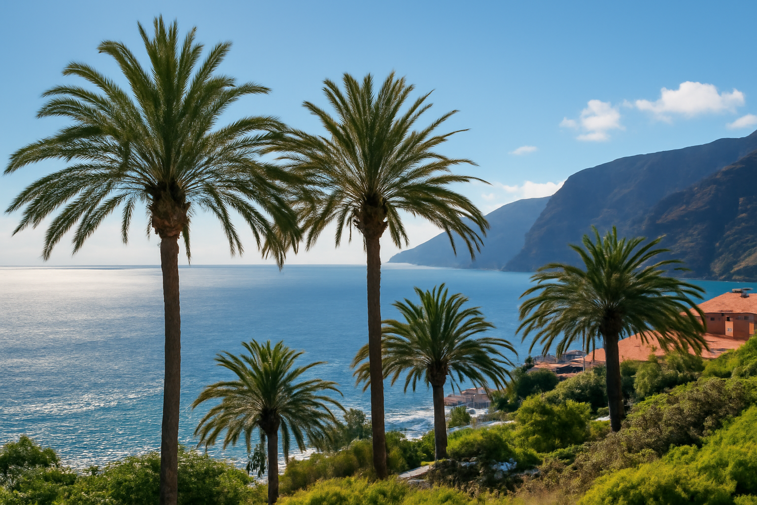 Sonniger Küstenblick auf Teneriffa mit Palmen und Ozean.