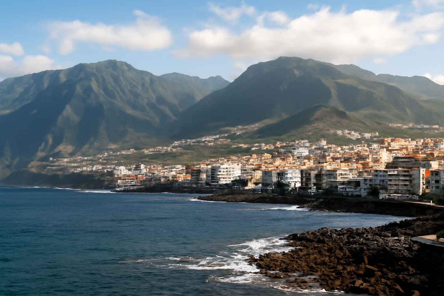 Küstenansicht von Teneriffa mit Bergen und blauem Himmel.